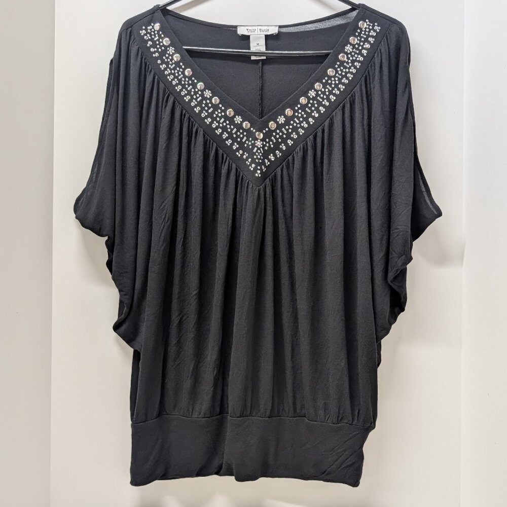 WHBM Embellished V-Neck Sleeveless Batwing Draped Blouse in Black & Silver